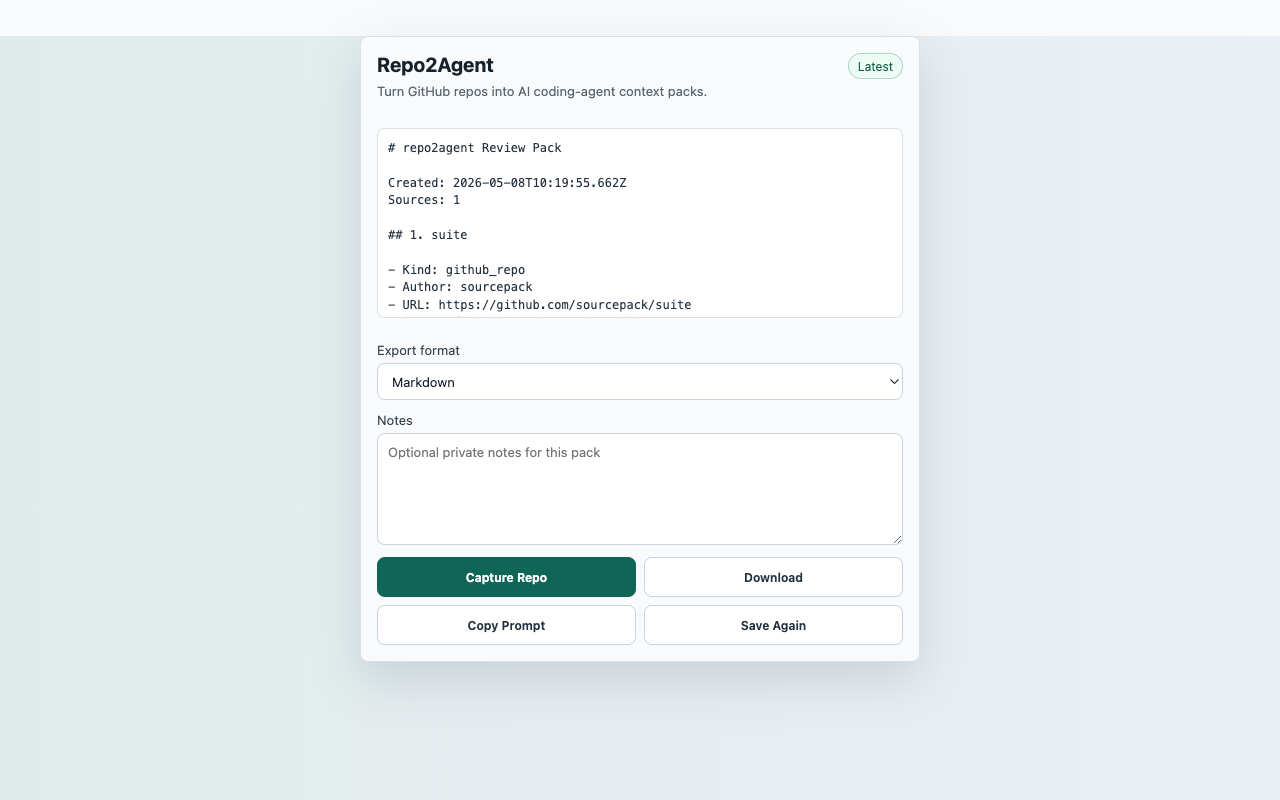 Repo2Agent popup screenshot showing the shipped extension UI